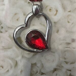 Floating Red Crystal Tear Drop Silver Heart Necklace